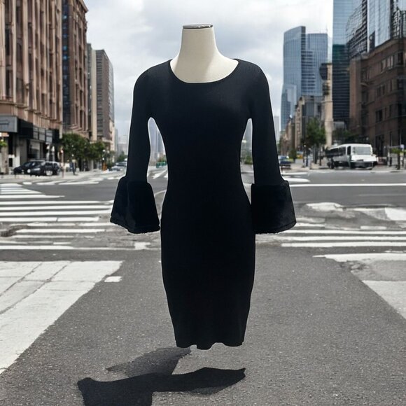 Nina Leonard Bodycon Dress M Faux Fur Bell Sleeve Elegant Stretch Cocktail Party - Picture 1 of 8